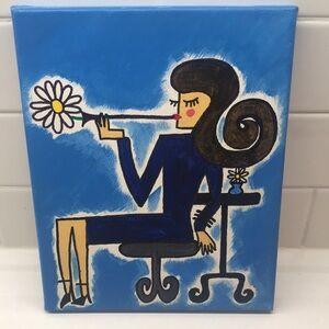 Y2K Pop Art Blue Painting Of Women Smoking A Daisy